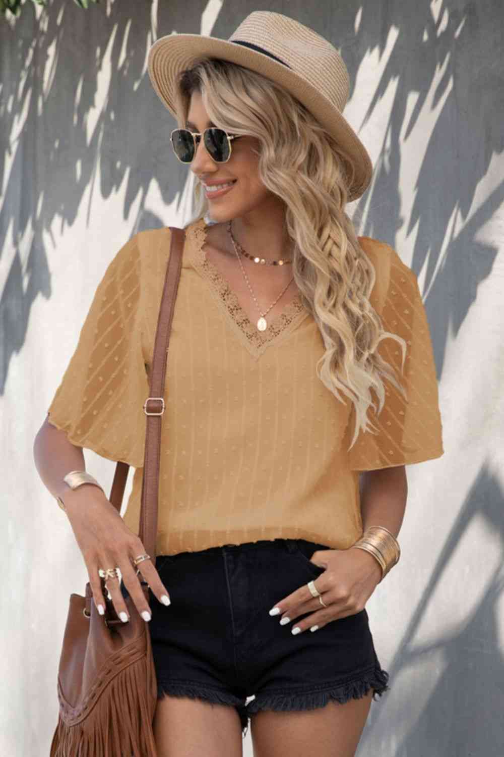 Swiss Dot Lace Trim Flutter Sleeve V-Neck Blouse