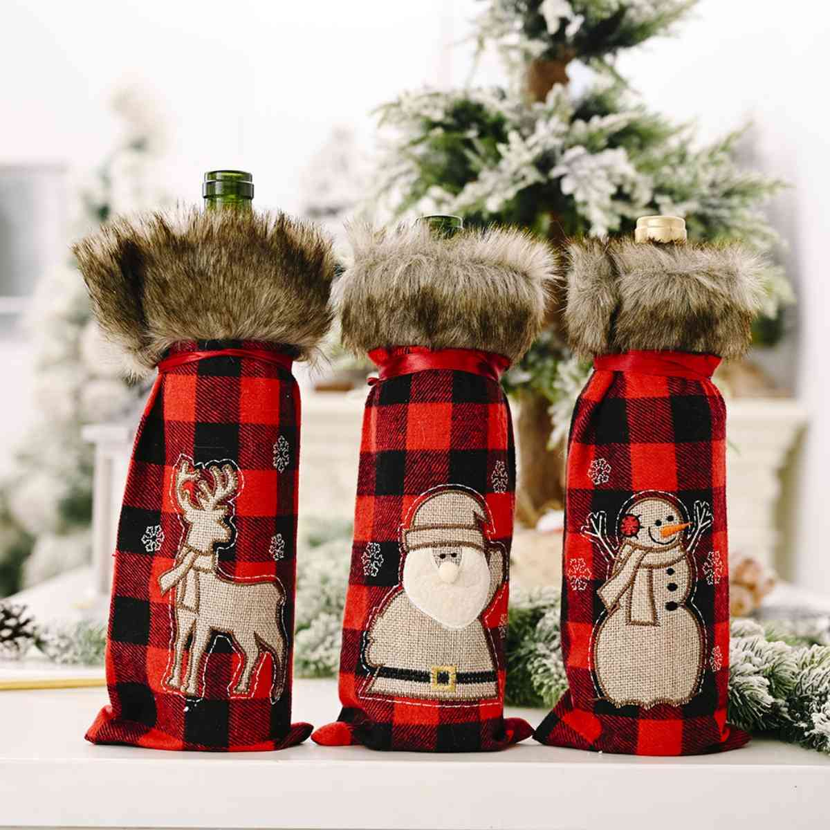 Funda para botella de vino con estampado navideño a cuadros