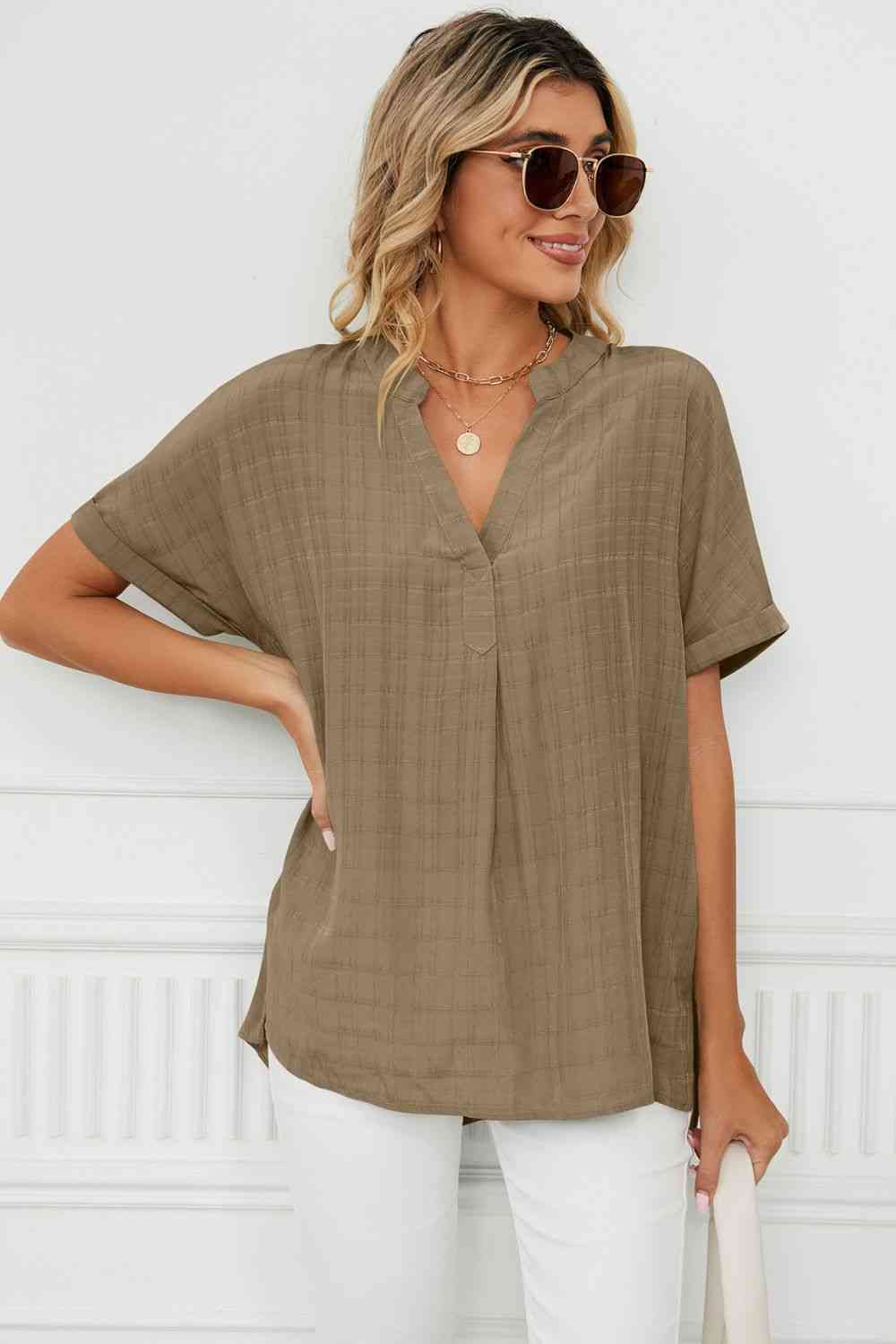 Side Slit Notched Neck Cuffed Short Sleeve Blouse