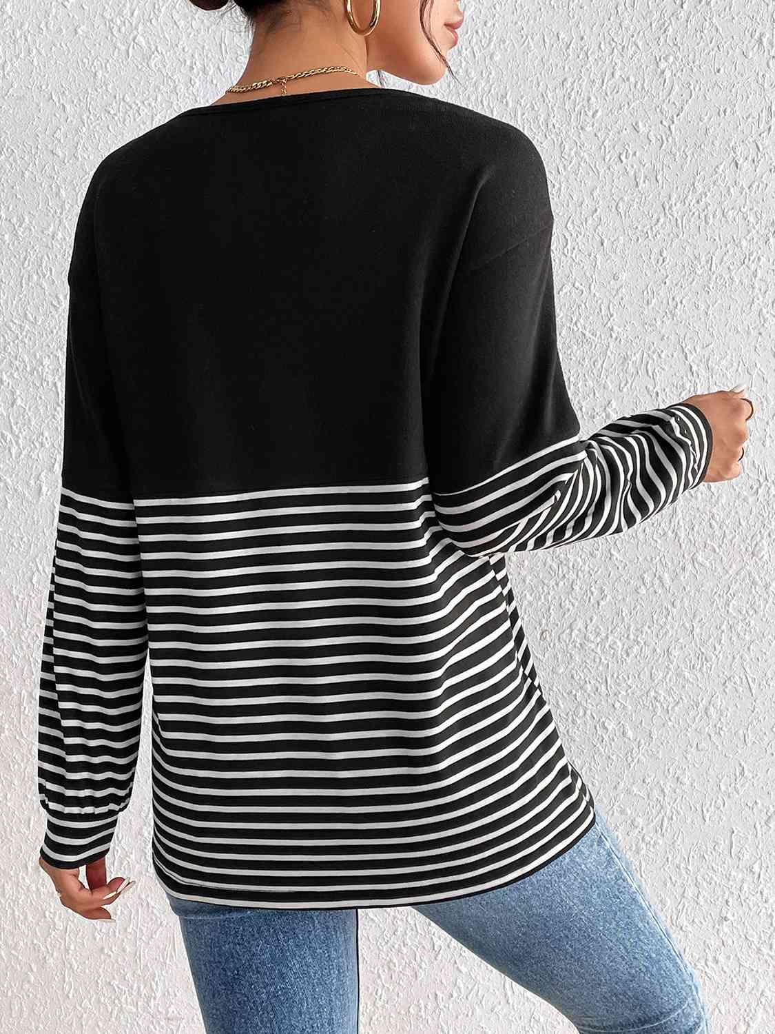 Striped Crisscross V-Neck Long Sleeve T-Shirt