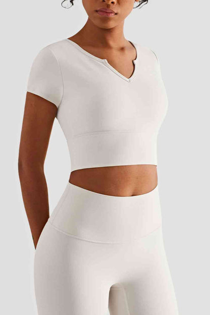 Notched Neck Short Sleeve Cropped Sports Top