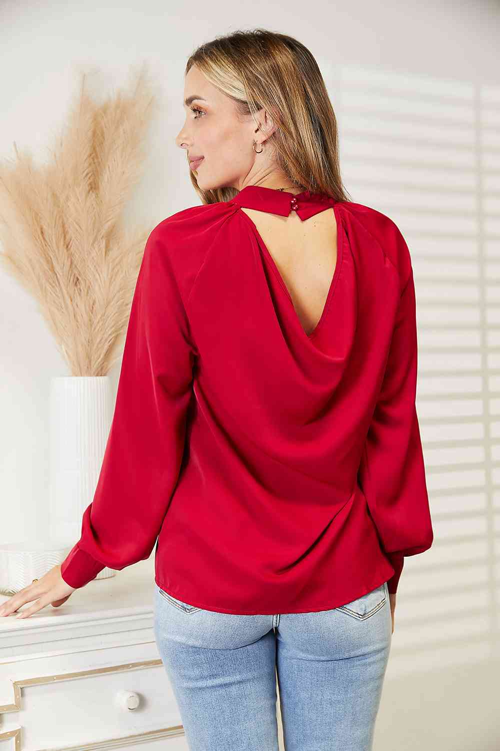 Double Take Cutout Gathered Detail Mock Neck Top