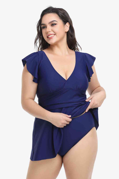 Ensemble Robe de Bain Plongeant à Volants et Bas de Grande Taille