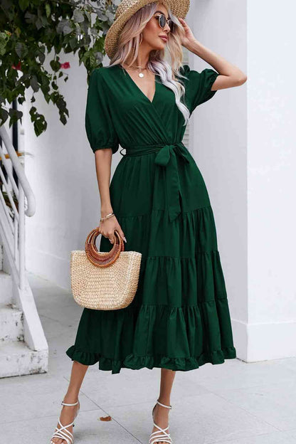 Surplice Neck Tie Waist Tiered Midi Dress