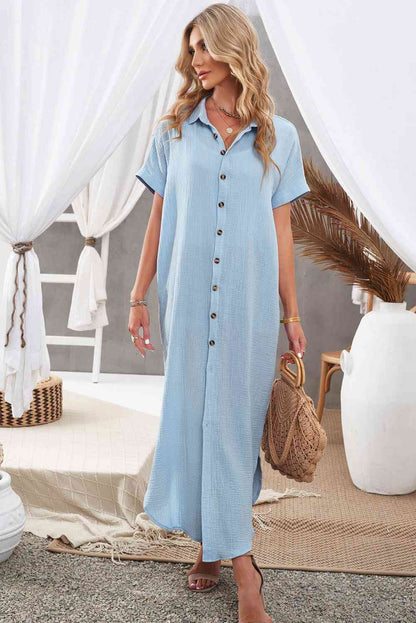 Robe chemise texturée boutonnée fendue