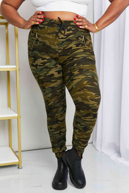 Leggings Depot Full Size Camouflage Drawstring Waist Zipper Detail Joggers