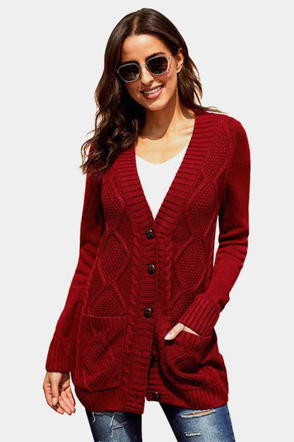 Woven Right Button Pocket Cable Knit Cardigan