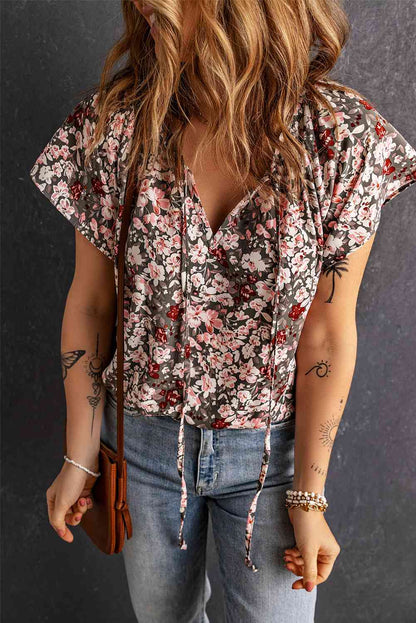 Floral Flutter Sleeve Tie-Neck Blouse