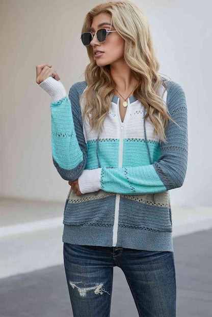 Cardigan zippé à capuche ajouré et manches raglan