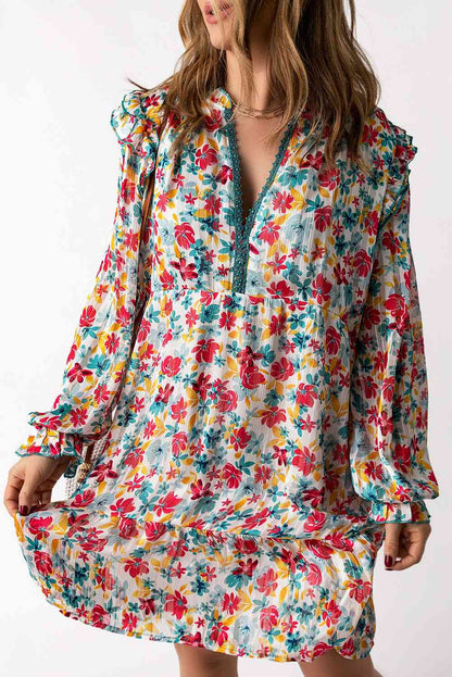 Robe florale à manches volantées et col cranté