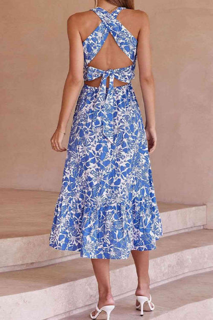 Robe midi florale croisée nouée au dos