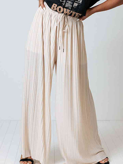 Drawstring Pleated Wide Leg Pants