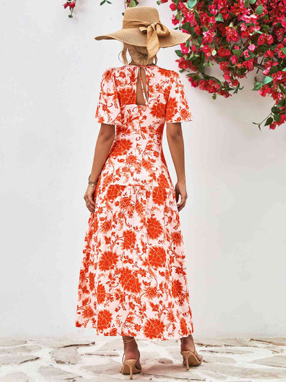 Floral Round Neck Tied Open Back Dress