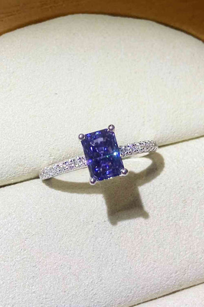 Anillo rectangular de plata de ley 925 con moissanita de 1 quilate en azul