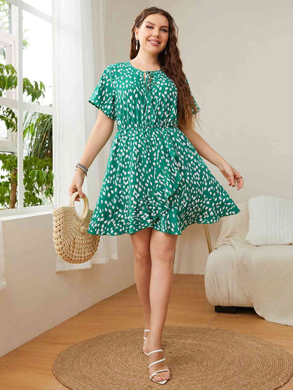 Plus Size Printed Tie Neck Ruffled Dress