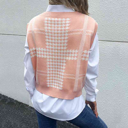 Gilet pull pied-de-poule à col en V