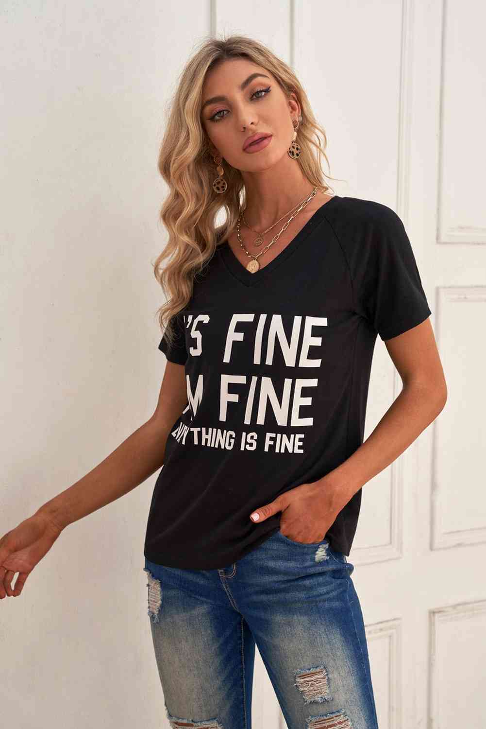 Slogan Graphic V-Neck Short Raglan Sleeve Tee