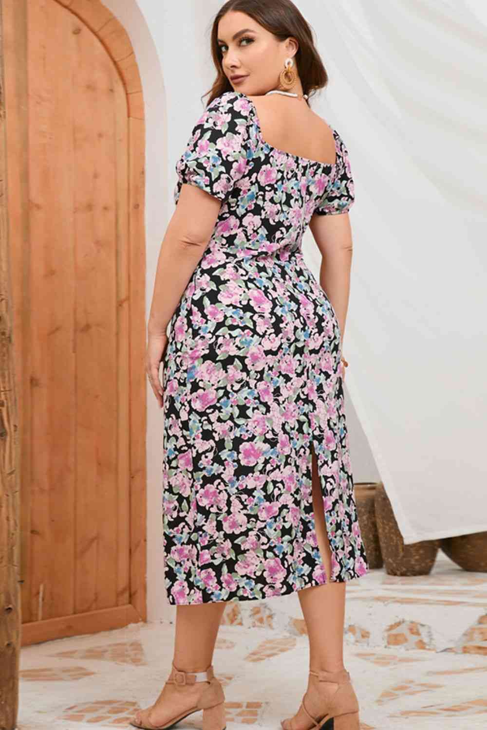 Robe Mi-Longue Fendue à Fleurs de Grande Taille