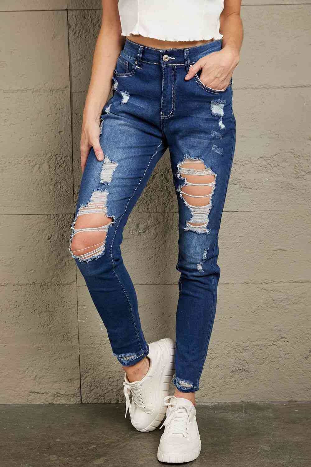 Jean taille haute effet vieilli Baeful avec poches