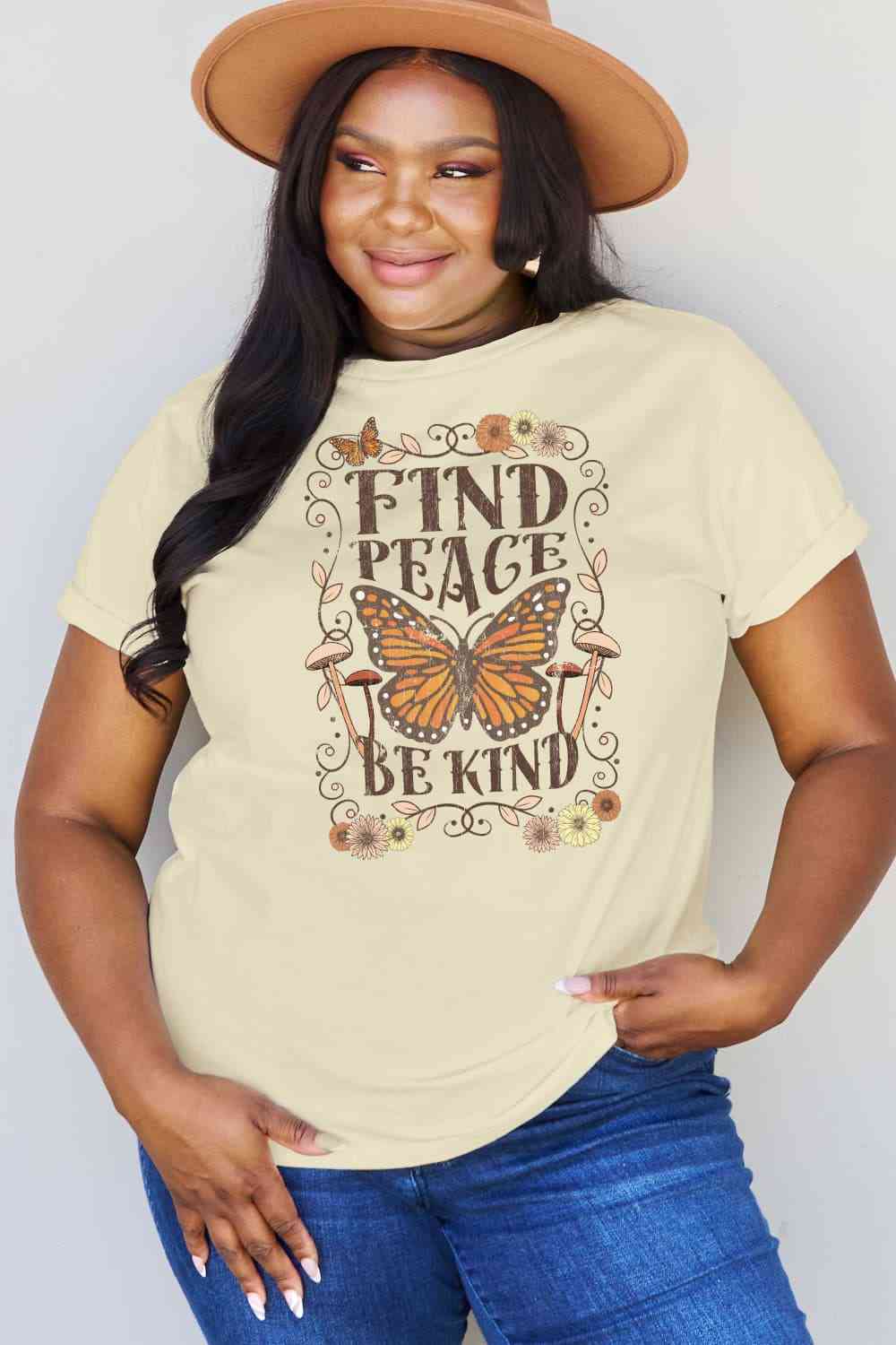 Camiseta de algodón con estampado de talla grande FIND PEACE BE KIND de Simply Love