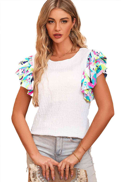 Blusa con cuello redondo y mangas acampanadas multicolor