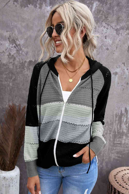 Cardigan zippé à capuche ajouré et manches raglan