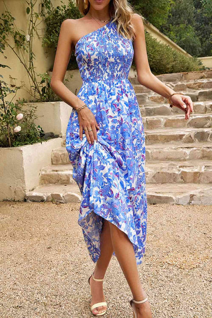 Floral One-Shoulder Sleeveless Dress with Pockets