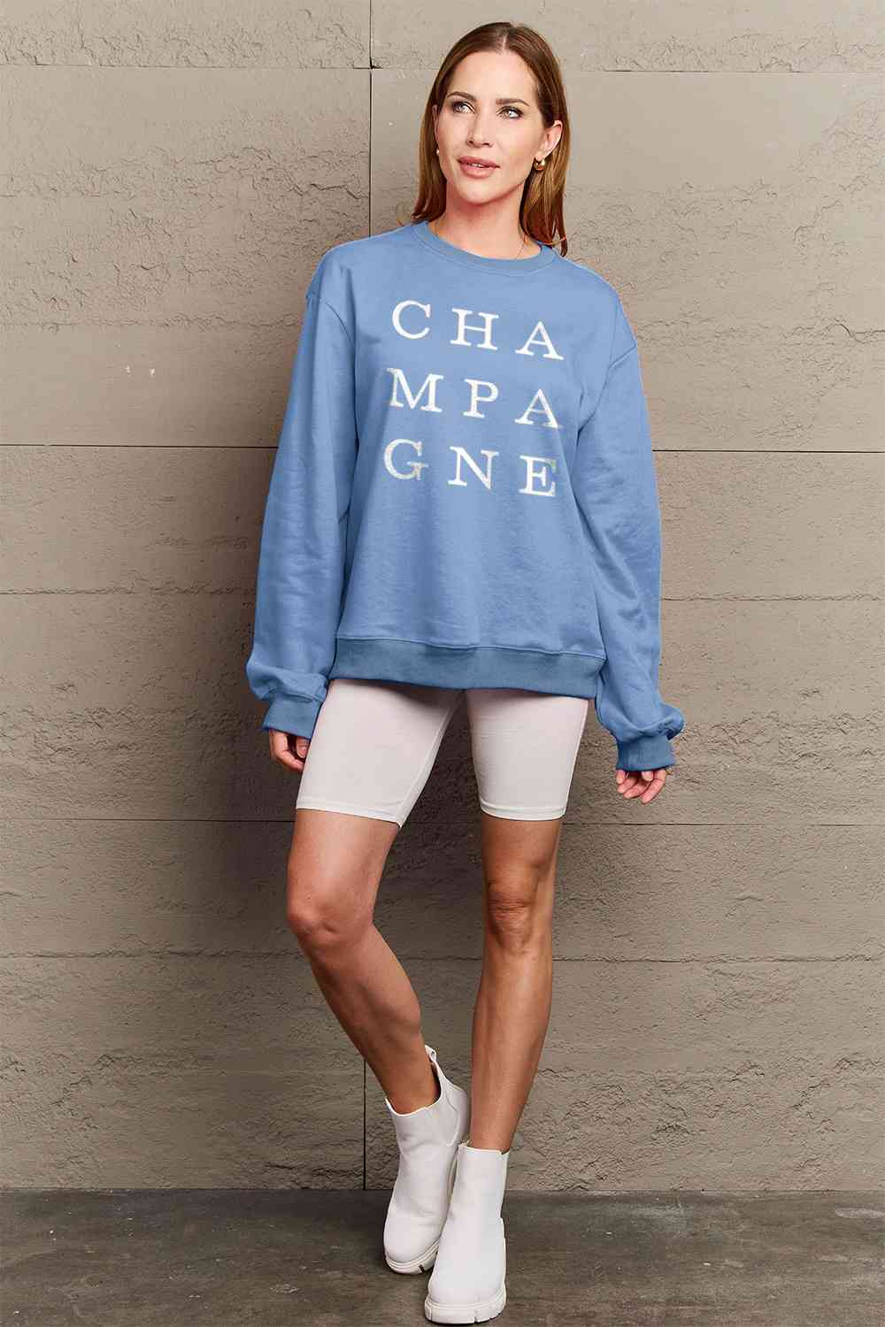 Sudadera de manga larga con estampado CHAMPAGNE de tamaño completo de Simply Love