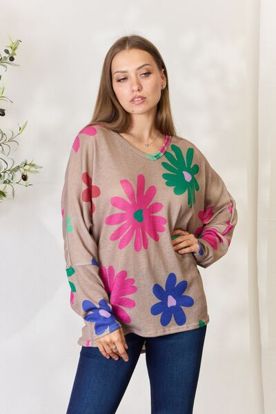 Hopely Top floral de manga larga con cuello en V de tamaño completo