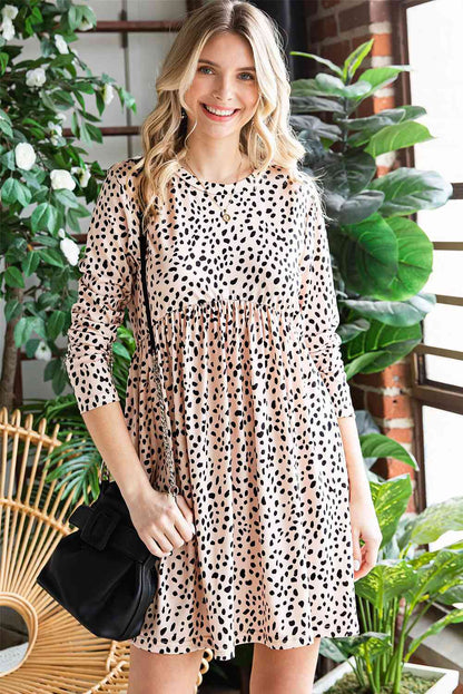 Printed Round Neck Long Sleeve Dress