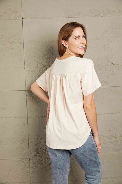 Double Take Buttoned Notched Neck Short Sleeve Top