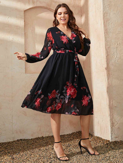 Plus Size Floral Surplice Neck Tie Waist Dress