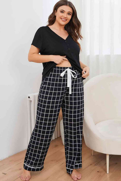 Conjunto de salón con pantalón a cuadros y top con cuello en V de talla grande