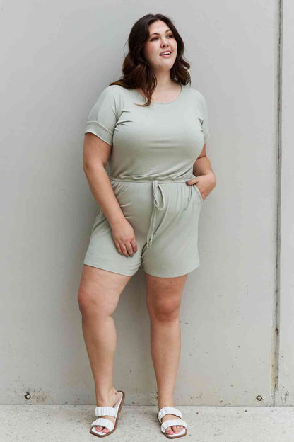 Zenana Chilled Out Full Size Short Sleeve Romper in Light Sage