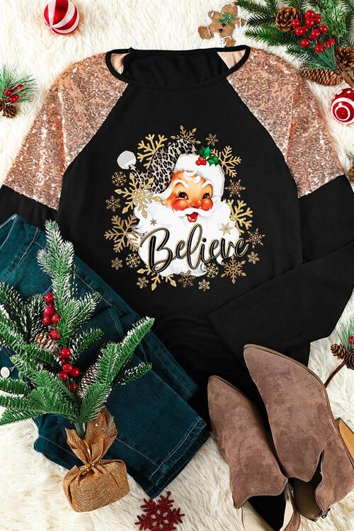 BELIEVE Blusa de manga larga con cuello redondo y lentejuelas