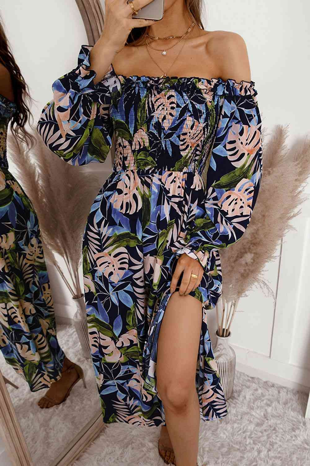 Botanical Print Off-Shoulder Flounce Sleeve Dress