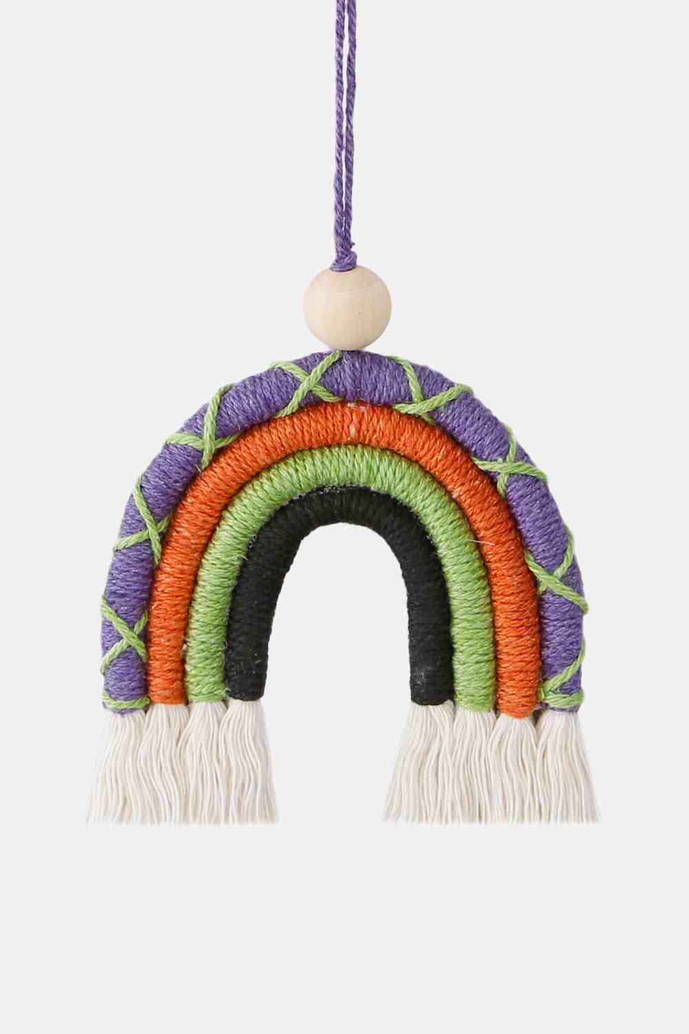 Porte-clés en coton et perles de bois en forme d'arc-en-ciel en macramé à franges