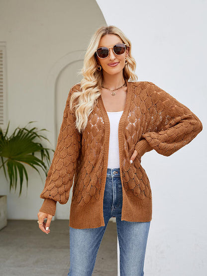 Openwork Open Front Lantern Sleeve Cardigan