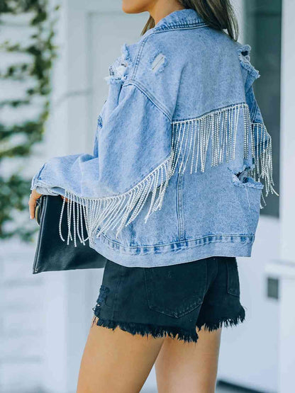 Veste en jean à franges effet vieilli