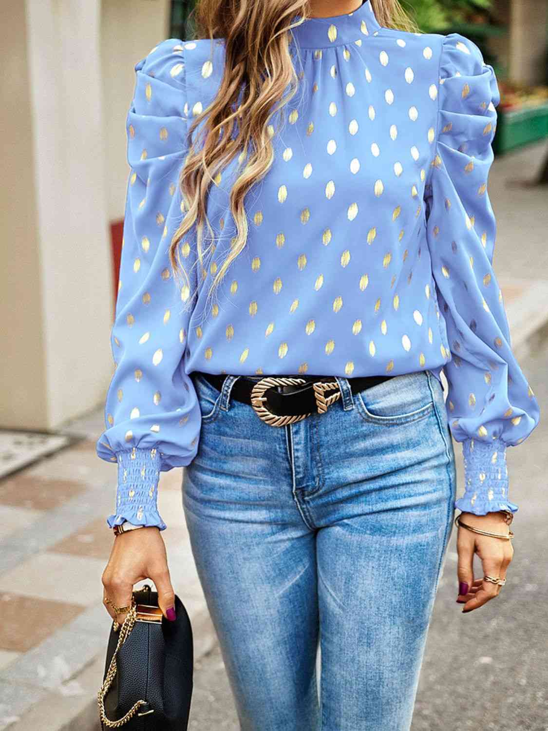 Printed Mock Neck Lantern Sleeve Blouse