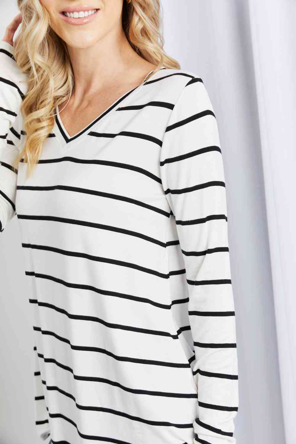 Zenana Full Size Striped V-Neck Long Sleeve Top