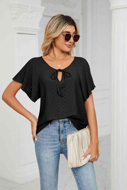 Eyelet Tie-Neck Flutter Sleeve Top