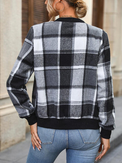 Plaid Zip Up Baseball Collar Jacket