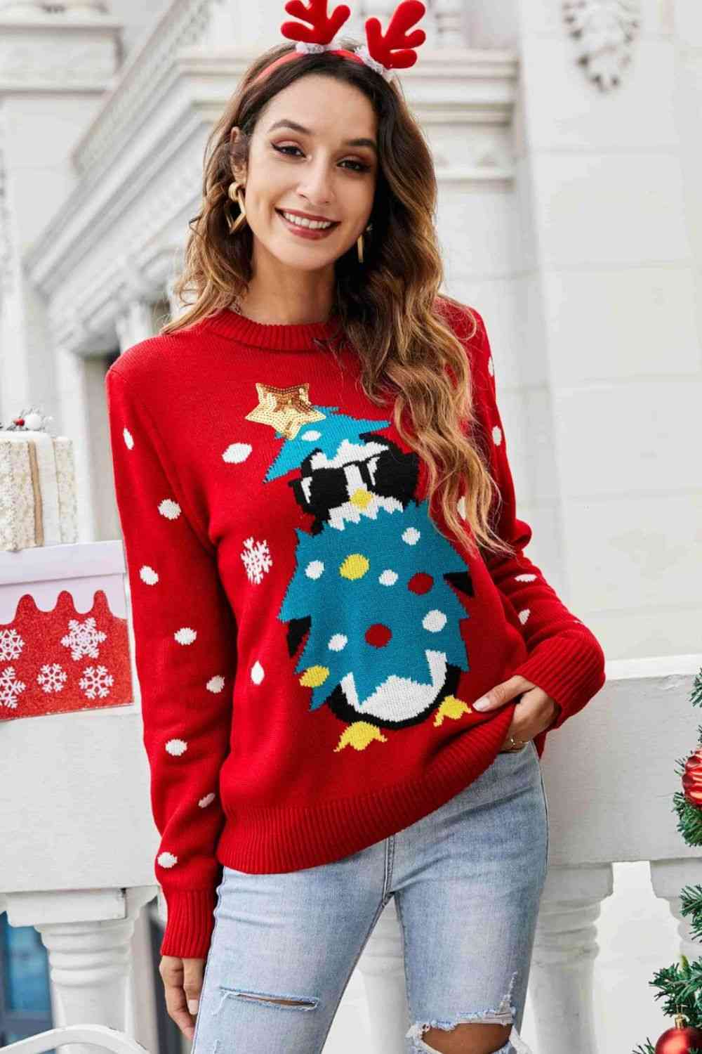 Jersey navideño con lentejuelas y estampado de pingüino