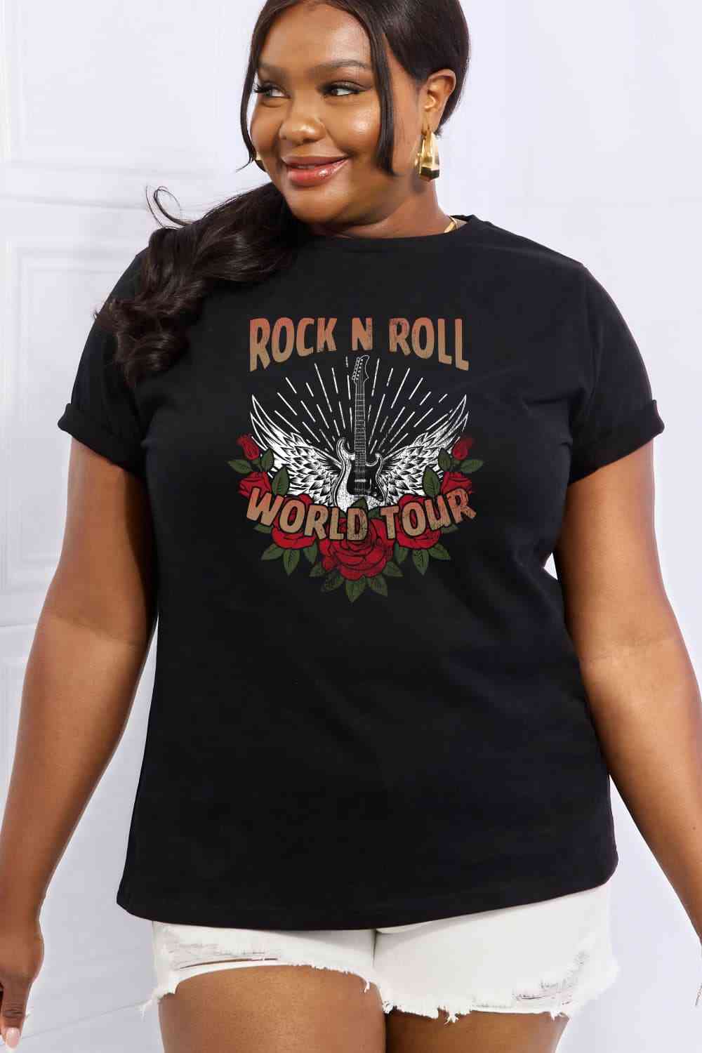 Camiseta de algodón con gráfico ROCK N ROLL WORLD TOUR de tamaño completo de Simply Love