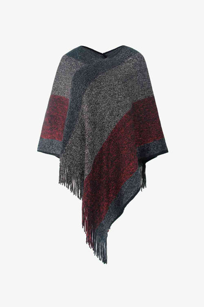 Poncho à ourlet à franges en bloc de couleur