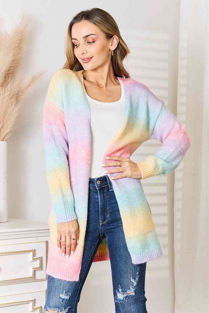 Cardigan long tissé à droite, dégradé multicolore, ouvert sur le devant