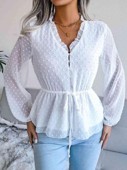 Blouse péplum à taille avec cordon de serrage et bordure à volants et pois suisses