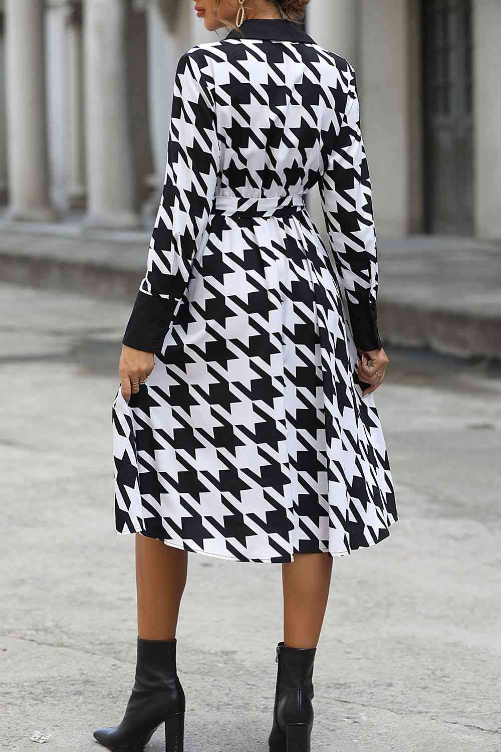 Houndstooth Johnny Collar Tie Waist Dress