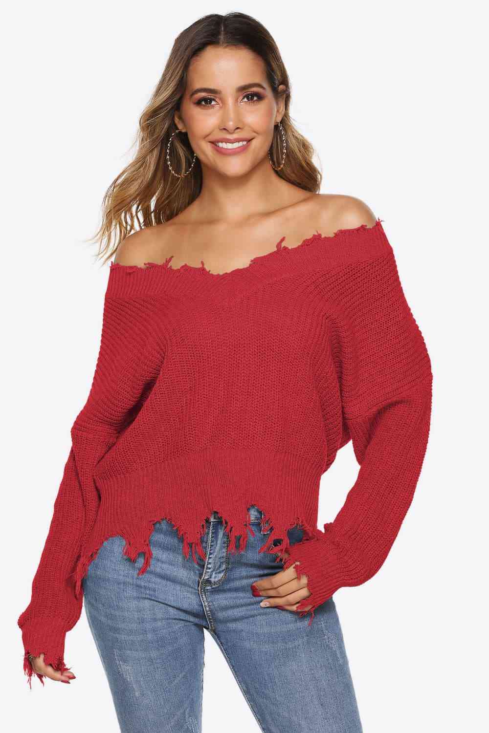 Off-Shoulder Ribbed Long Sleeve Raw Hem Sweater